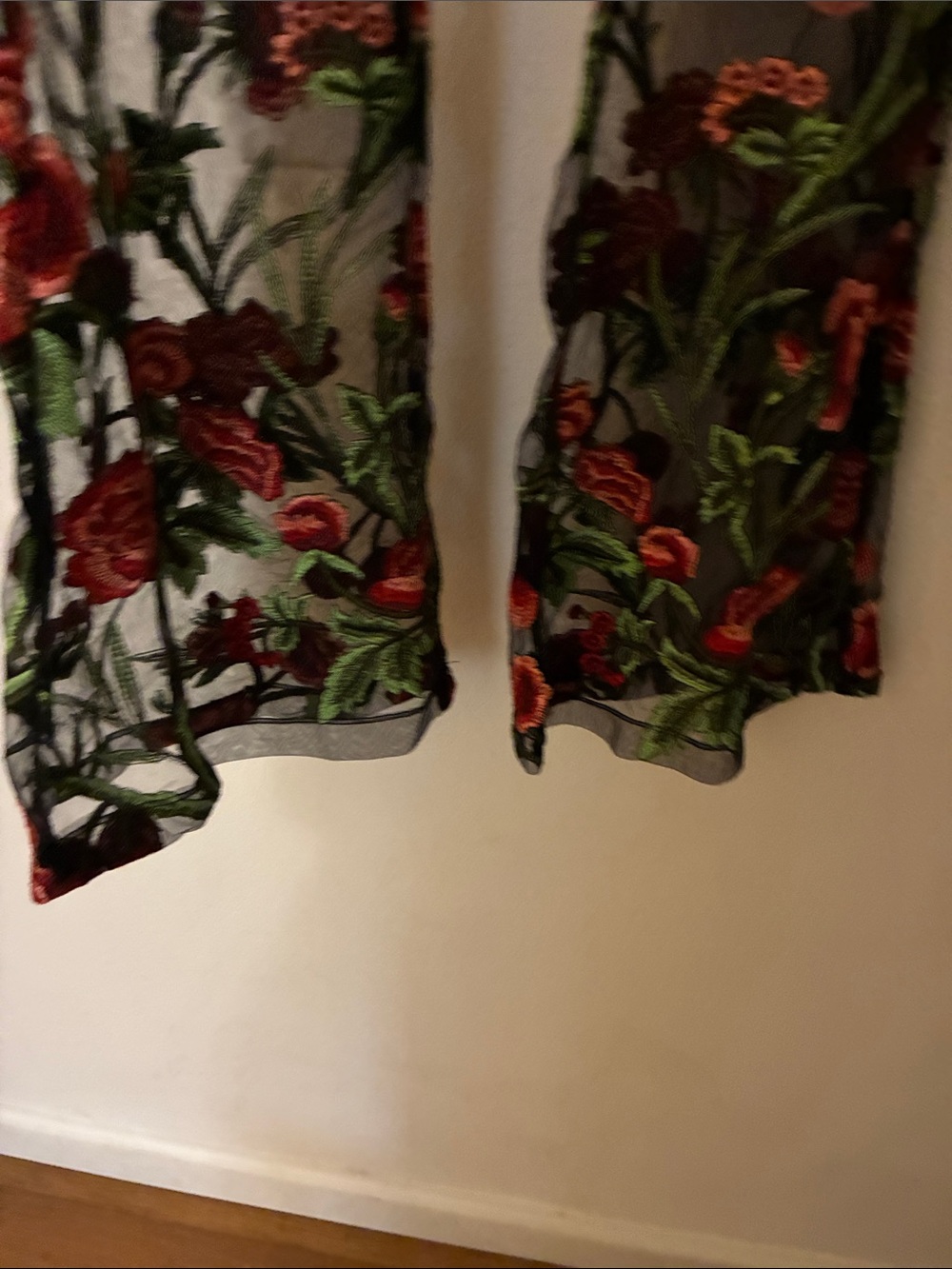 Beginning Boutique Black Sheer lace front Pants with Red Floral Embroidery Small - Picture 8 of 10